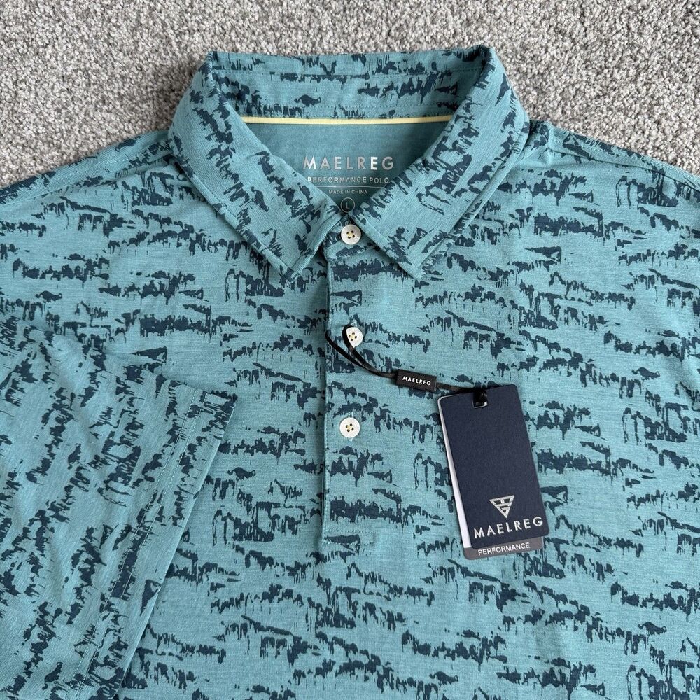 Maelreg Performance Polo Golf Shirt Mens Teal Print Cyan Massif Size Large NWT